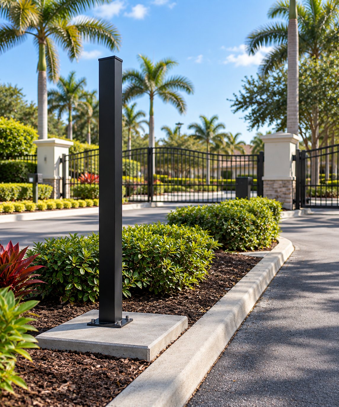 24x24 concrete pad with a bolted black post base at a gated Florida entrance
