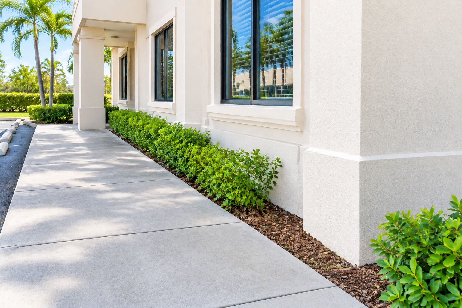 Same walkway and building face after pressure washing