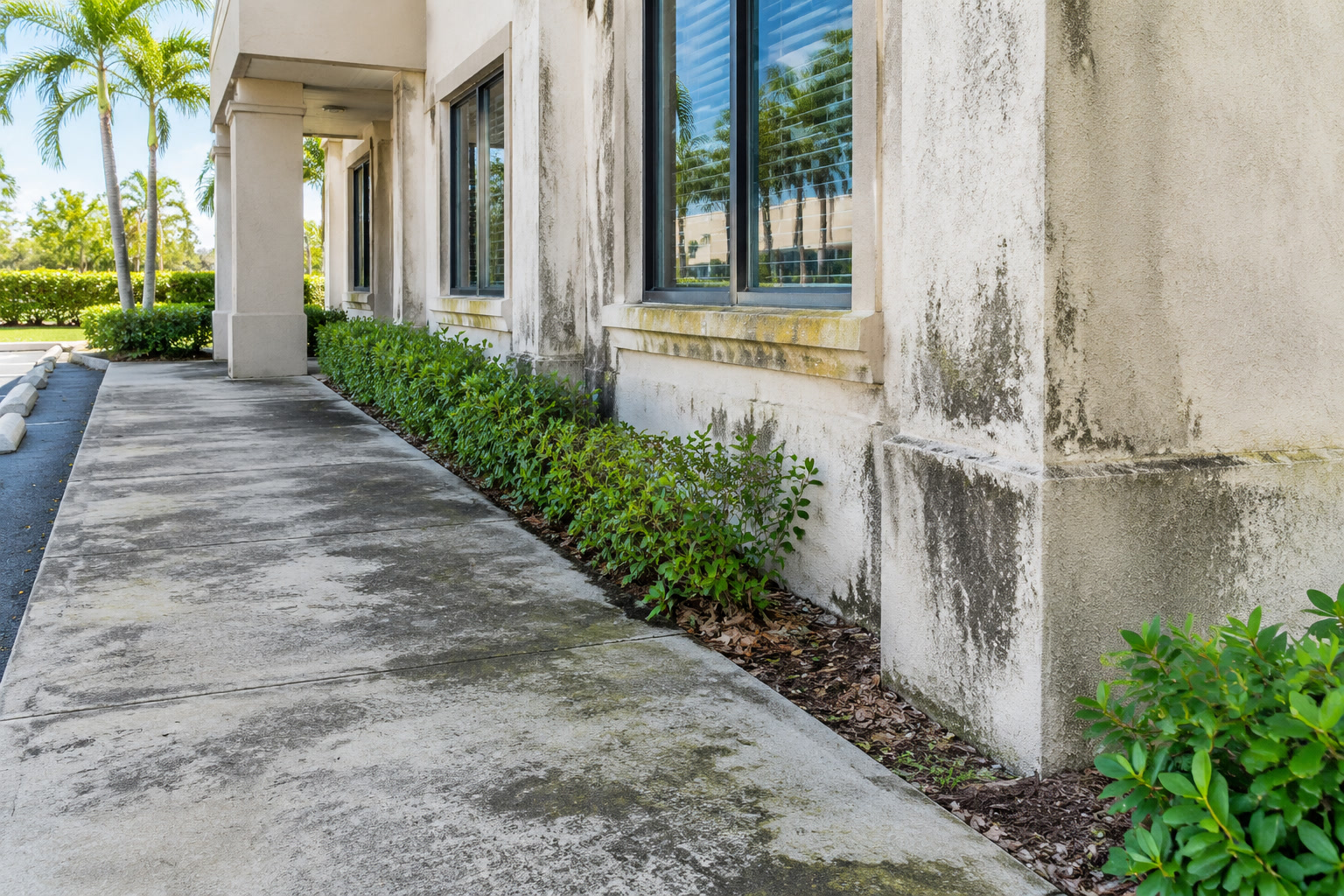 Stained commercial walkway and building face before pressure washing